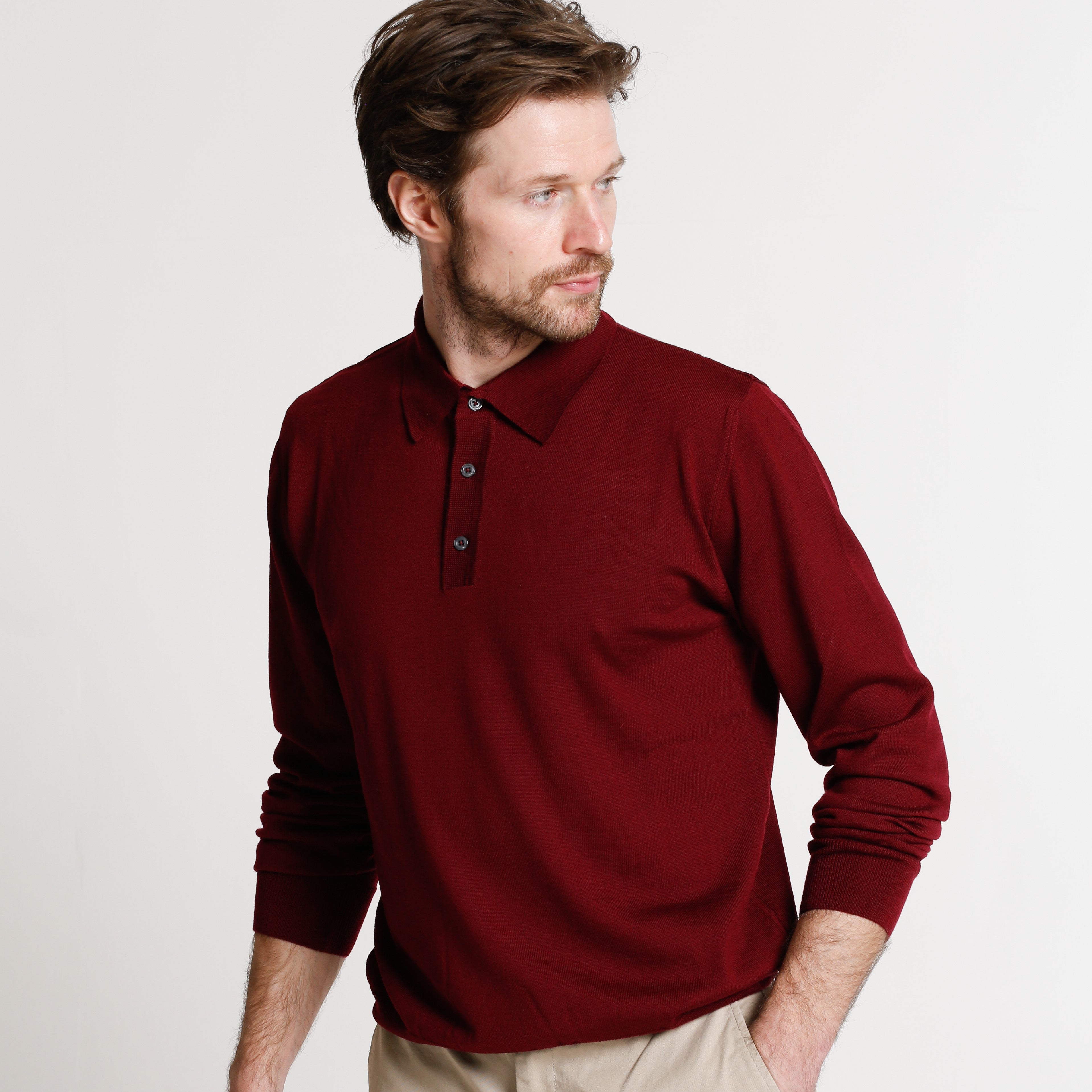 Mens Wine Button 100% Merino Wool Polo Jumper – Hemingway-Tailors