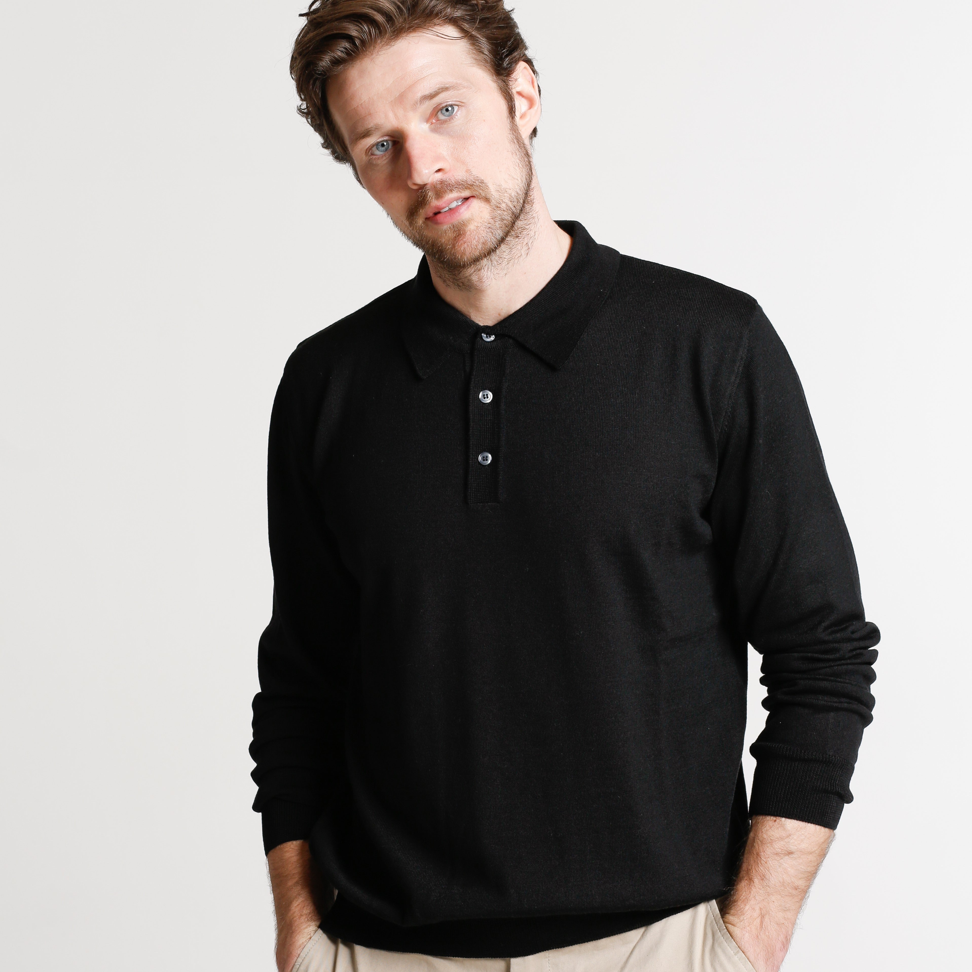 Mens Black Button 100% Merino Wool Polo Jumper