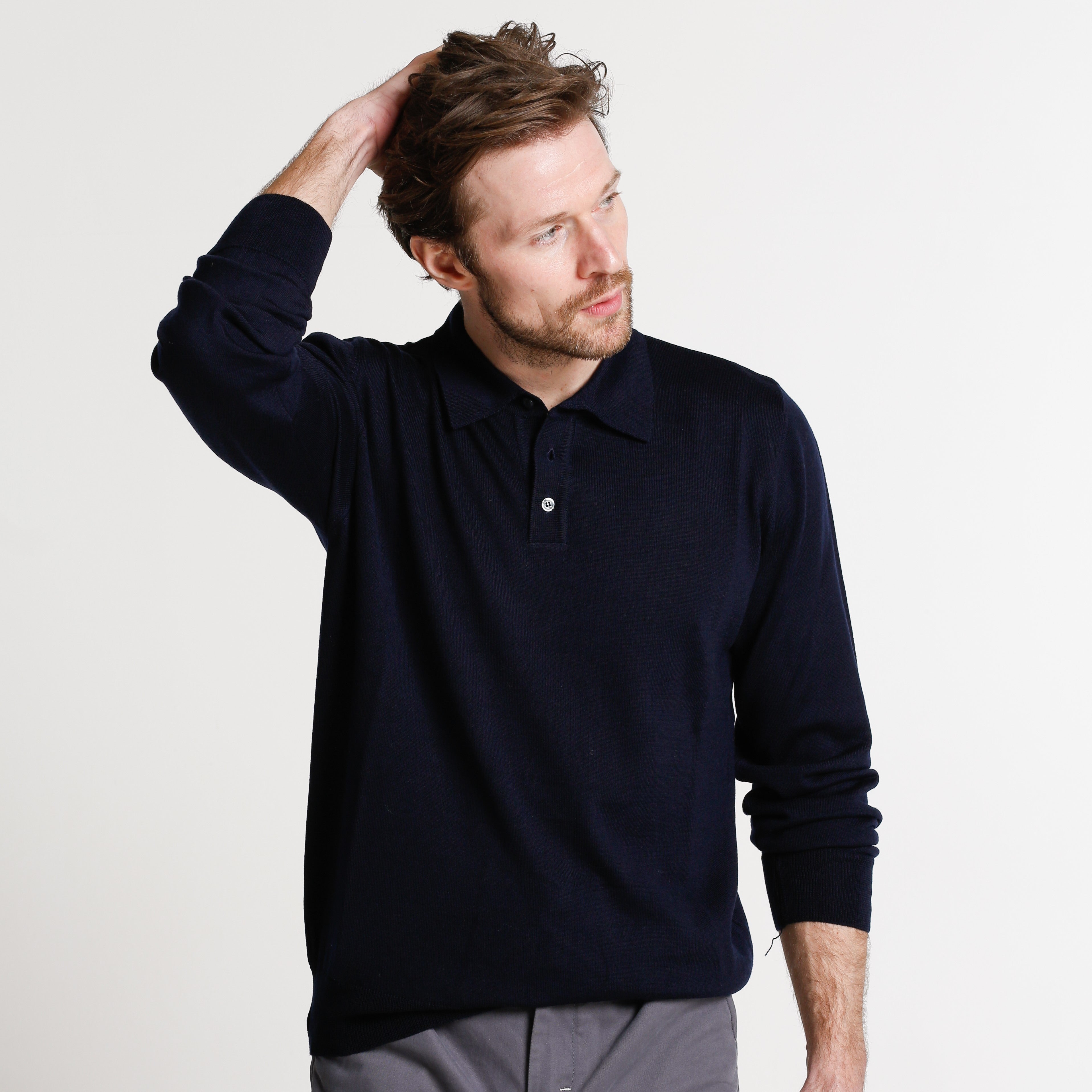 Mens Navy Button 100% Merino Wool Polo Jumper – Hemingway-Tailors