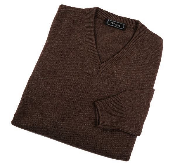 Mens Brown Lambswool V Neck Jumper