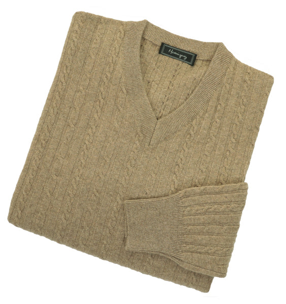 Mens Beige Lambswool Cable Knit V Neck Jumper - Main Image