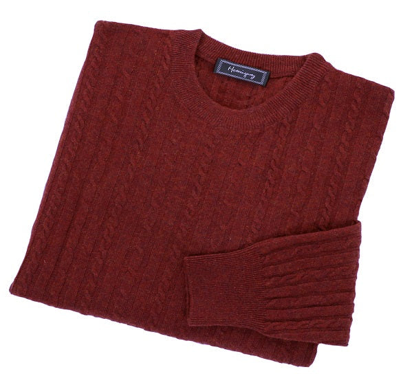 Mens Maroon Red Lambswool Cable Knit Crew Neck Jumper