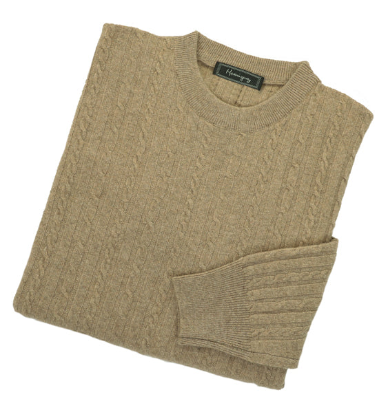 Mens Beige Lambswool Cable Knit Crew Neck Jumper
