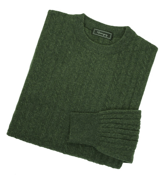Mens Forest Green Lambswool Cable Knit Crew Neck Jumper