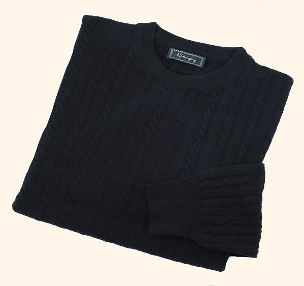 Mens Navy Lambswool Cable Knit Crew Neck Jumper