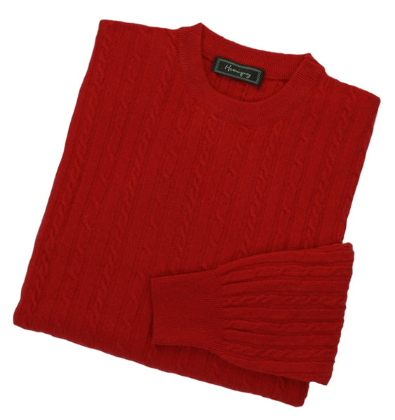 Mens Poppy Red Lambswool Cable Knit Crew Neck Jumper