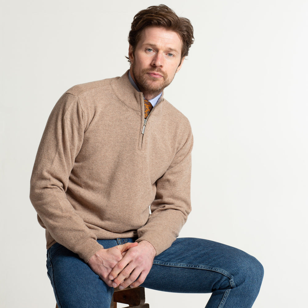 
                  
                    Mens Fawn 100% Lambswool Half Zip Jumper
                  
                