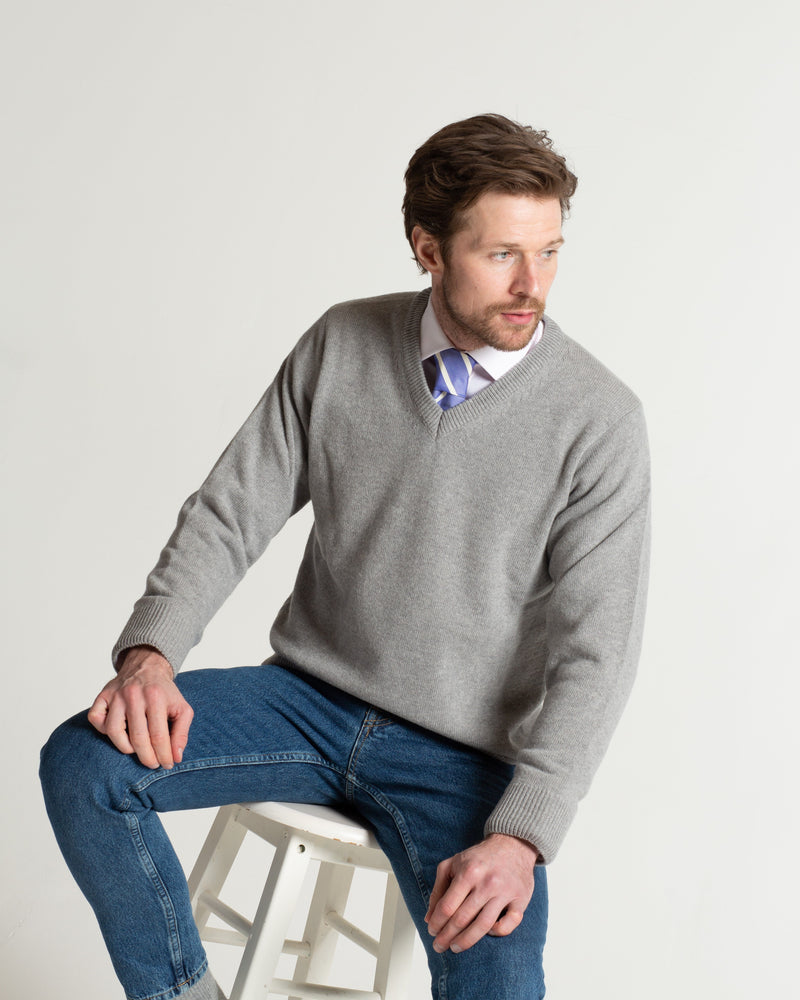 
                  
                    Mens Grey Lambswool V Neck Jumper
                  
                