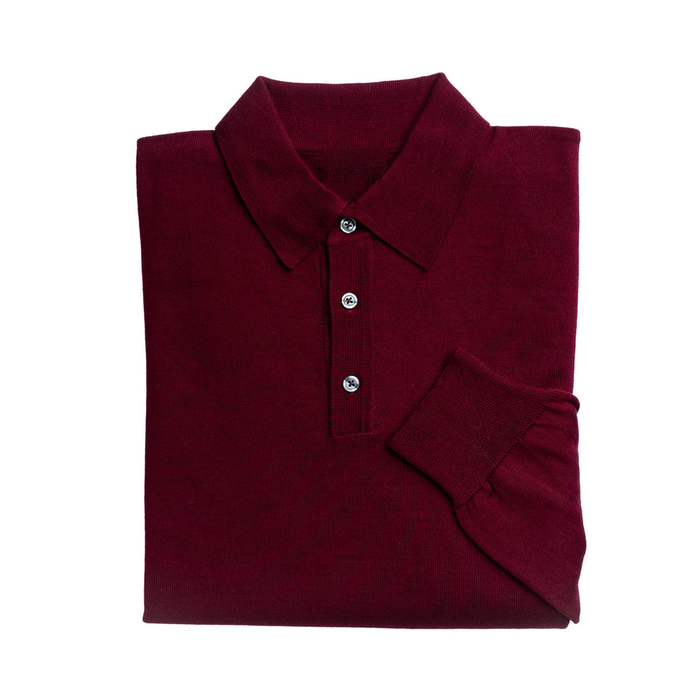 Mens Wine 3 Button 100% Merino Wool Polo Jumper