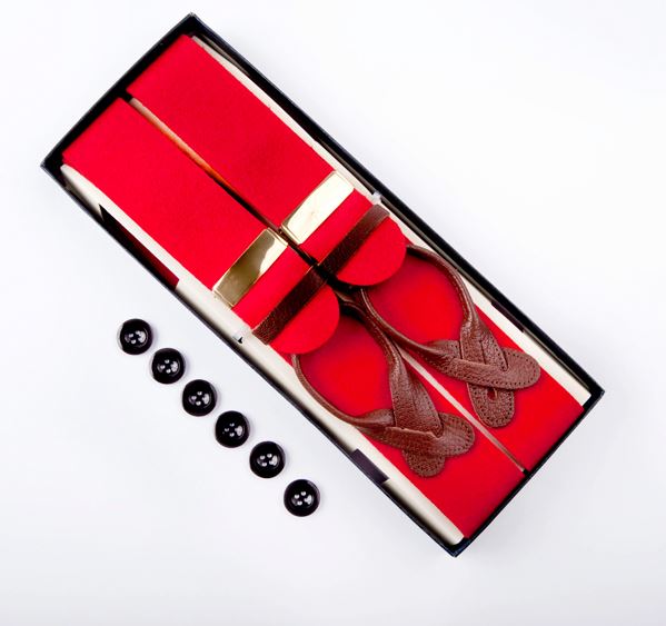 Red Extra Large Braces with Gilt Fittings & Tan Leather Fastenings