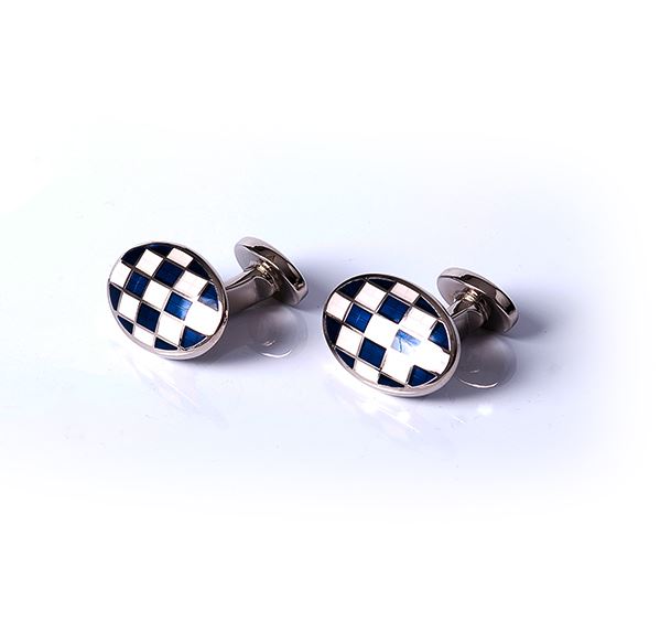 White & Blue Oval Grid Base Metal Cufflinks