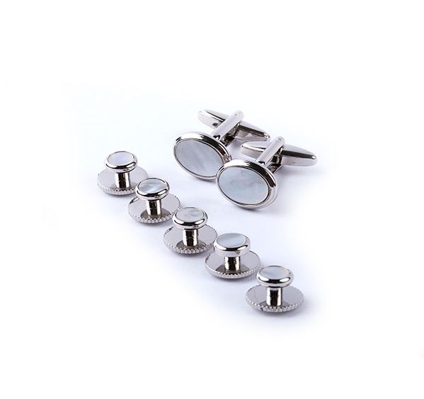 Silver and Mother of Pearl Dress Studs Half Suite (T bar cufflinks)