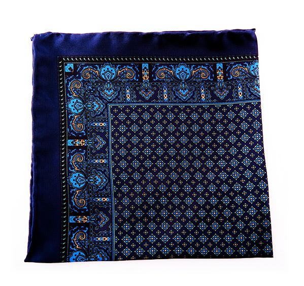 Dark Blue Silk Pocket Square - Paisley & Geometric