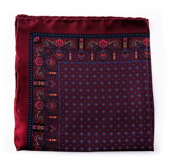 Maroon Silk Pocket Square - Paisley & Geometric