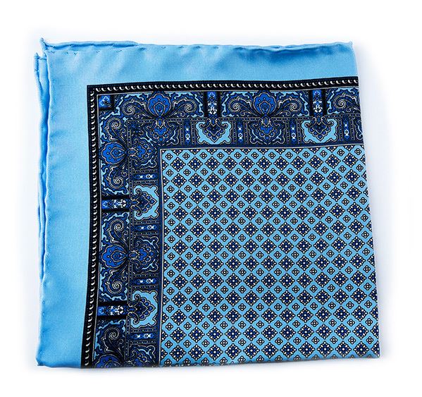 Light Blue Silk Pocket Square - Paisley & Geometric