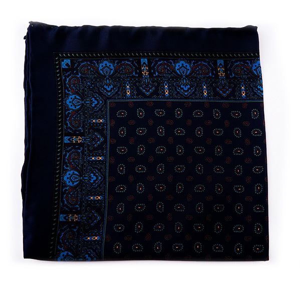 Dark Blue Silk Pocket Square - Small Paisley