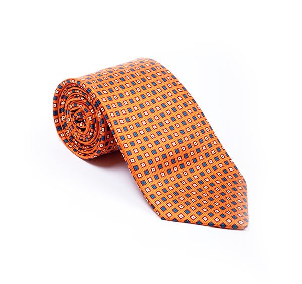 Orange with Blue Squares Fancy Printed Tie