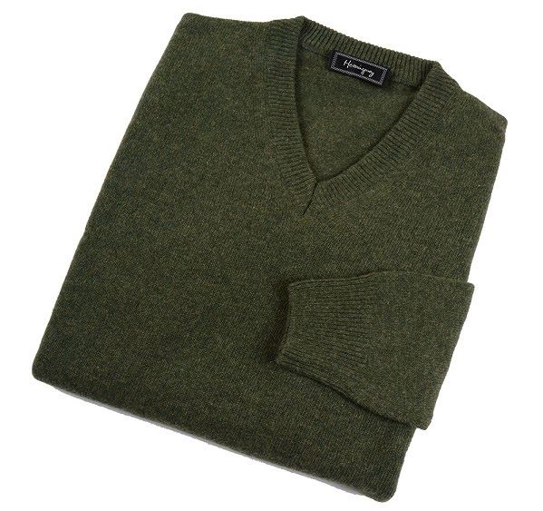 Mens Forest Green Lambswool V Neck Jumper