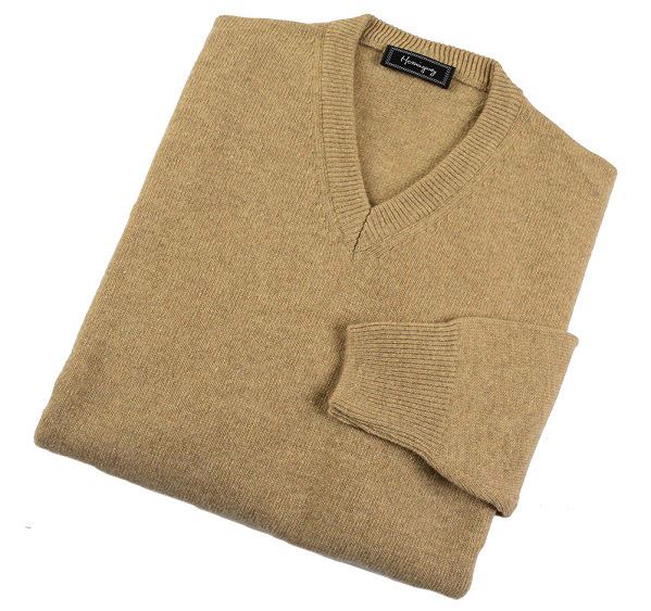 Mens Fawn Lambswool V Neck Jumper