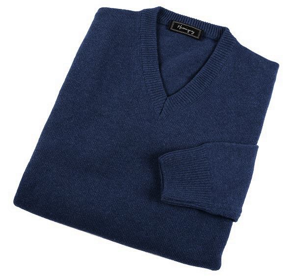 Mens Blue Lambswool V Neck Jumper