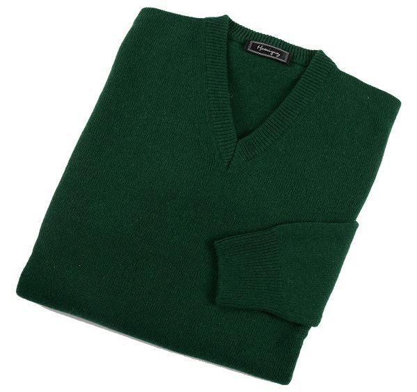 Mens Bottle Green Lambswool V Neck Jumper
