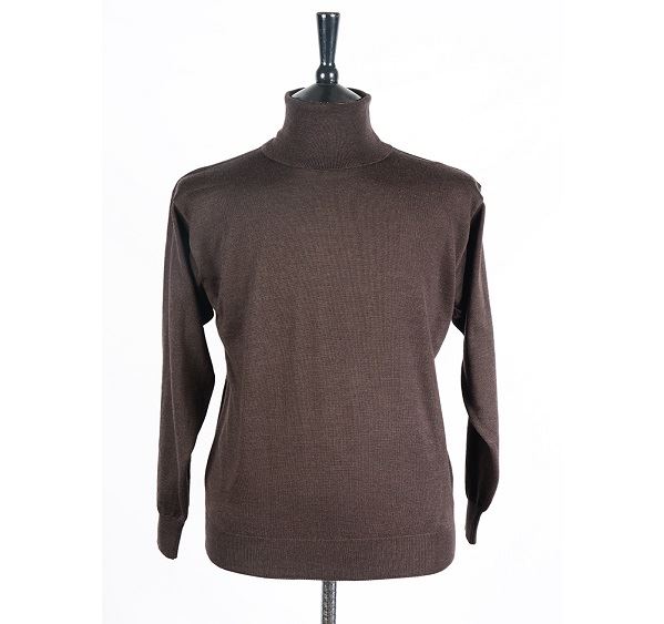 Mens Chocolate Brown Merino Wool Roll Neck Jumper