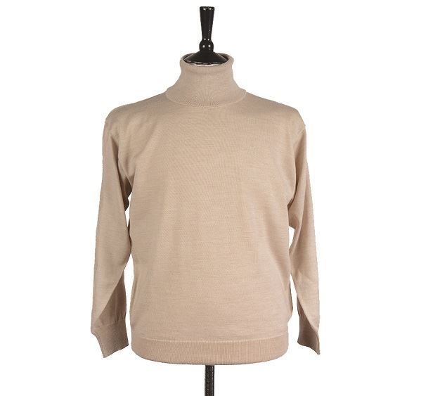 Mens Beige Merino Wool Roll Neck Jumper