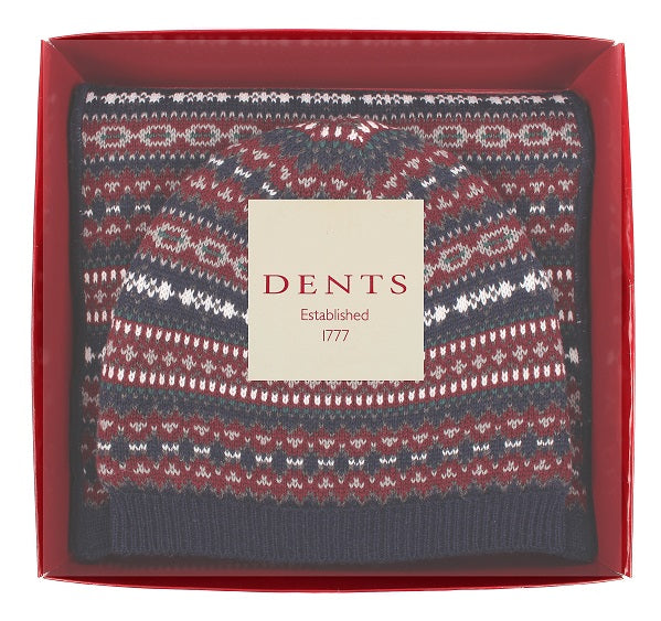 Dents Navy and Red Fair Isle Knitted Hat and Scarf Set