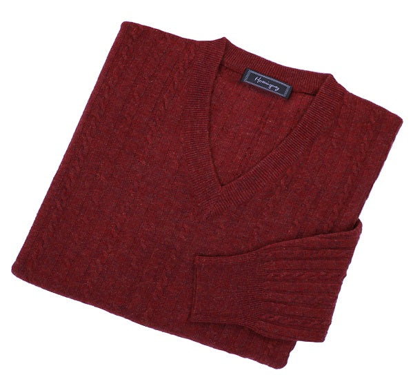 Mens Maroon Red Lambswool Cable Knit V Neck Jumper
