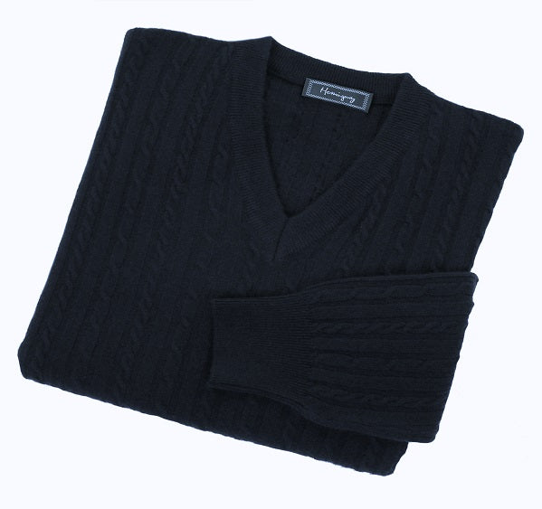 Mens Navy Lambswool Cable Knit V Neck Jumper