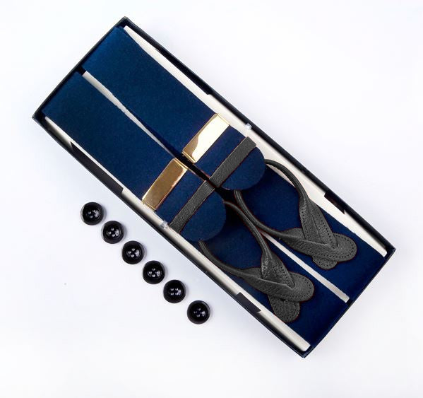 Navy Extra Large Braces with Gilt Fittings & Black Leather Fastenings